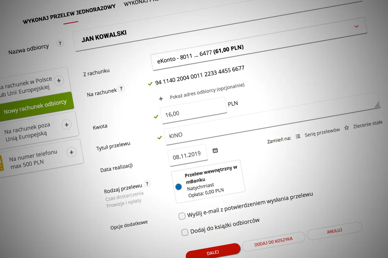 aplikacja bankowa numer konta przykład