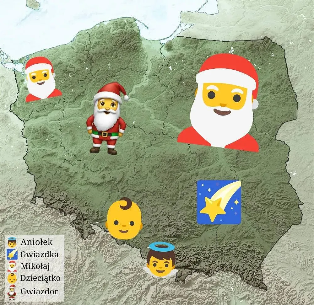 Mapa Polski postaci przynoszących prezenty Boże Narodzenie regiony