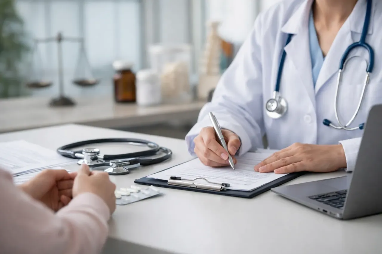 Lekarz spisuje historię choroby pacjenta, co jest kluczowe dla definicji zdarzenia medycznego. Na stole leży stetoskop i leki.