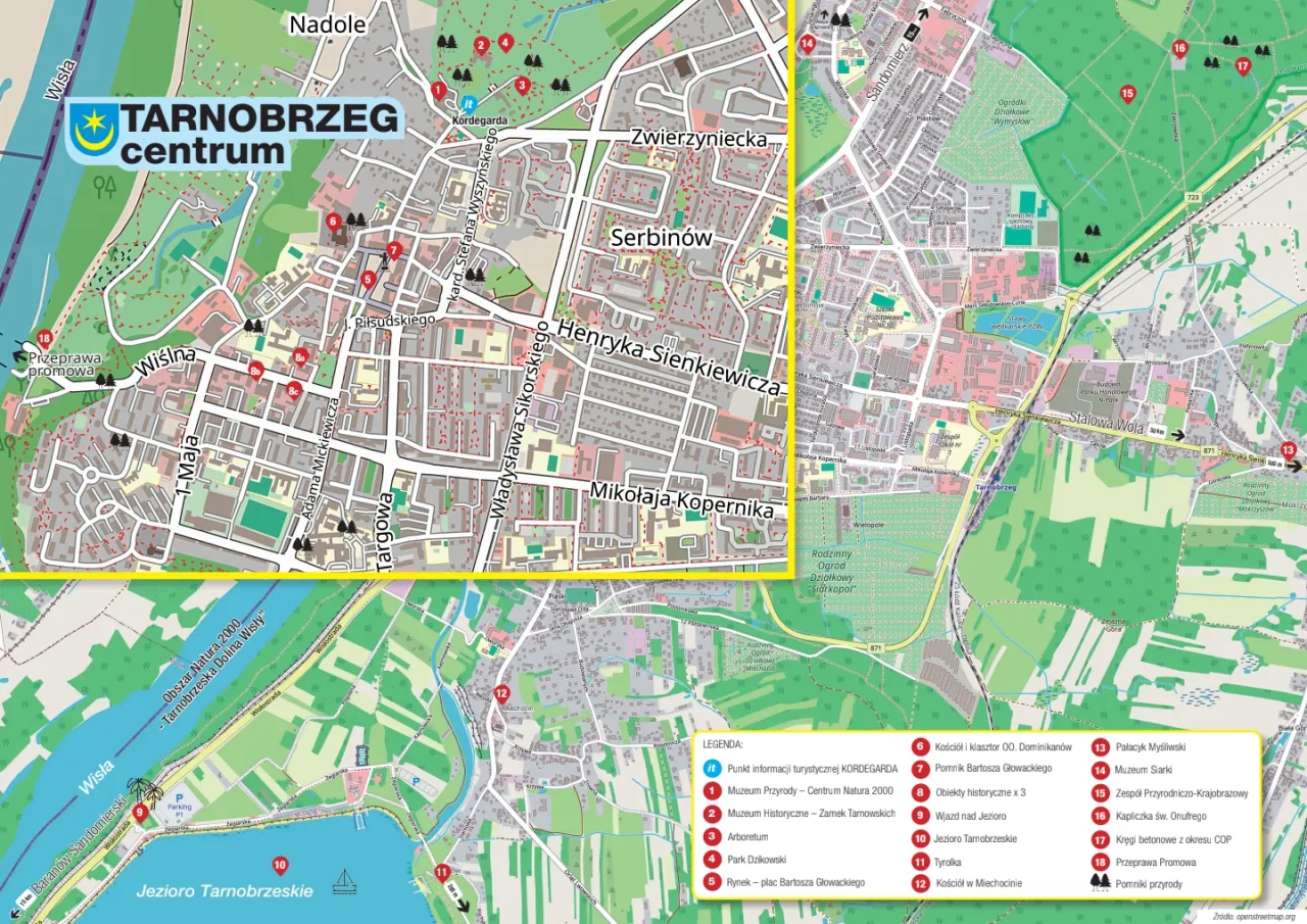 Mapa Tarnobrzega z zaznaczonymi trasami autobusowymi