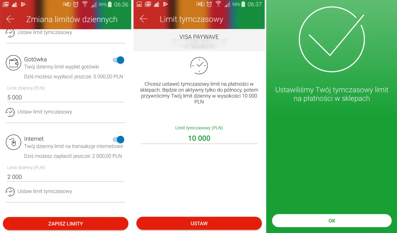 Jak zmienić limity mbank: tymczasowe ustawienie limitu płatności w sklepie na 10 000 PLN.