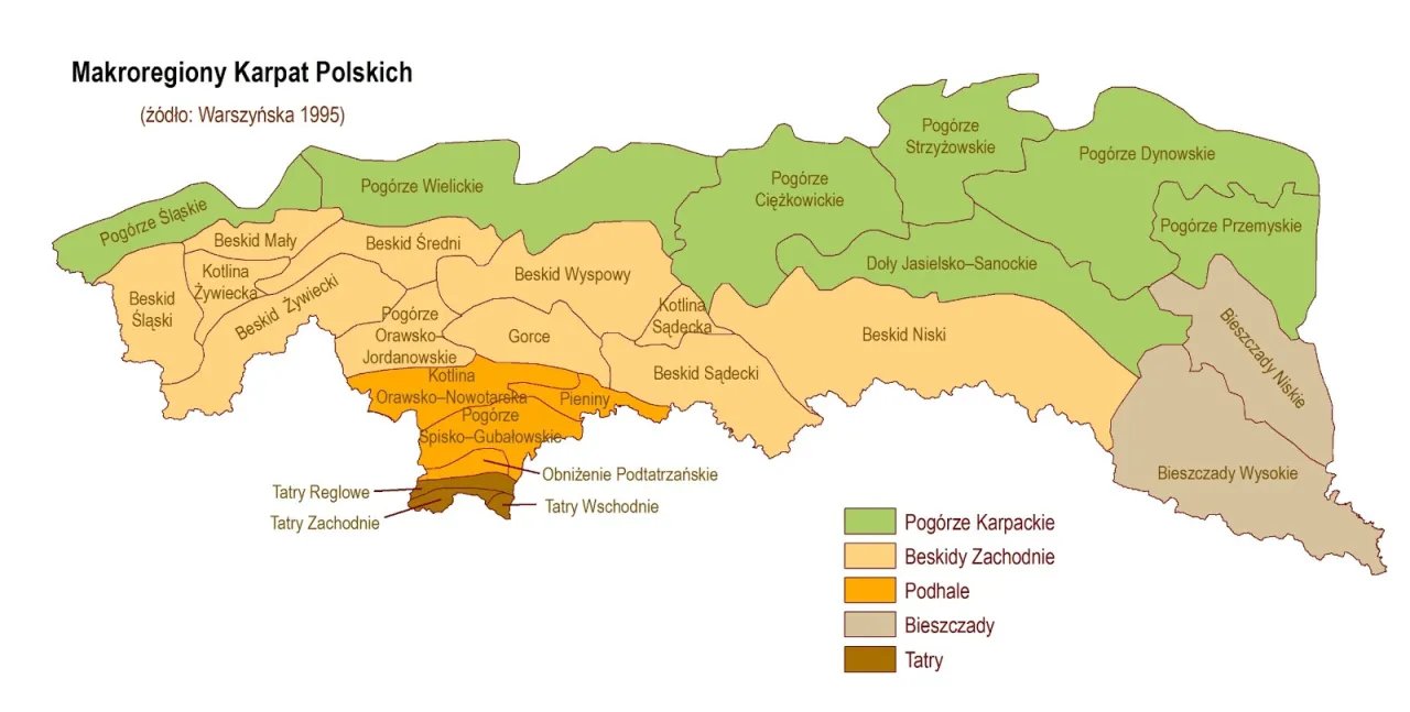 Mapa Karpat w Polsce z podziałem na pasma