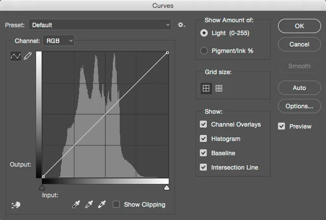 Photoshop Curves panel with histogram and example curve