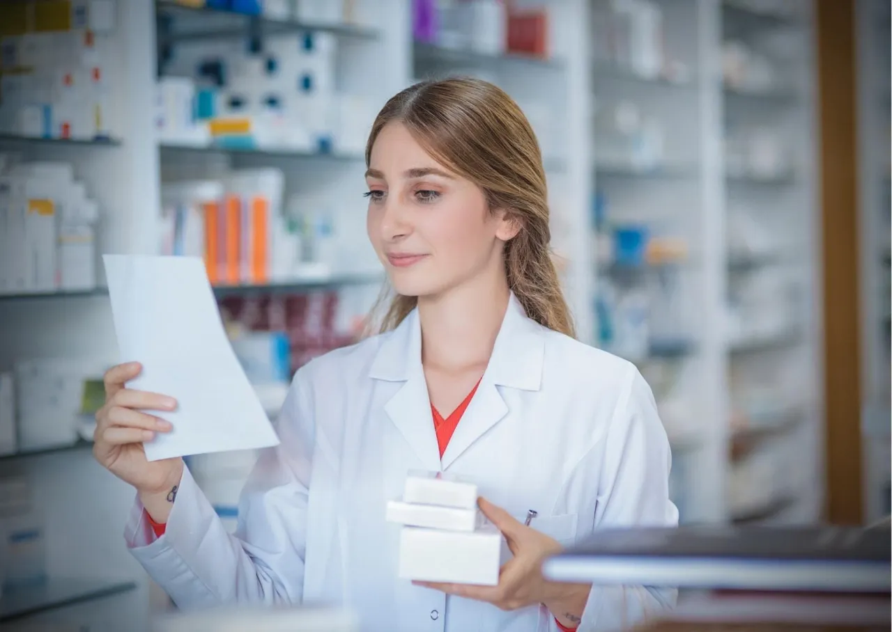 Farmaceuta udzielający porady i wystawiający receptę w aptece