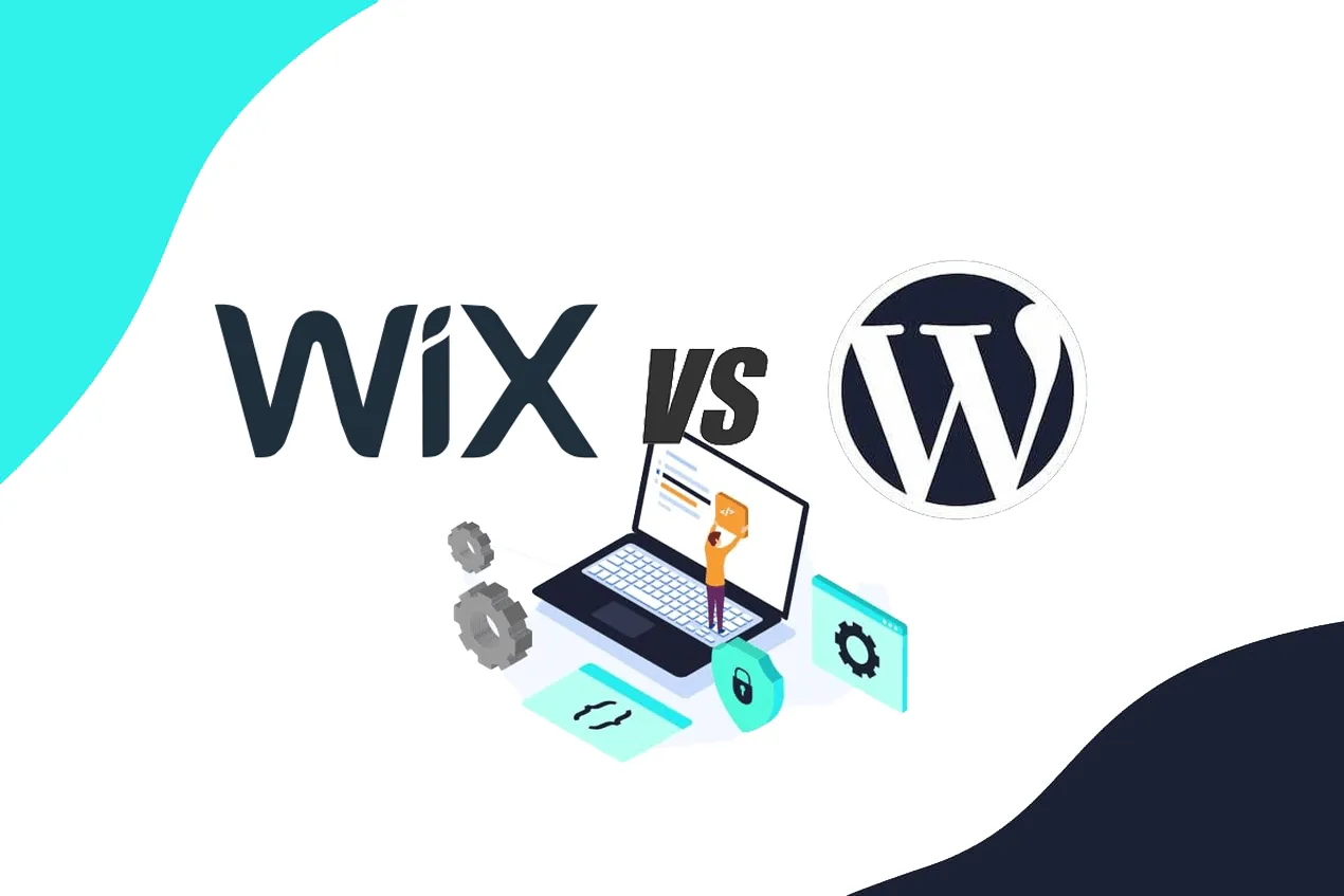 Wix vs WordPress: gdzie prowadzić bloga? Grafika por&oacute;wnuje dwie popularne platformy do tworzenia stron internetowych, z elementami graficznymi symbolizującymi budowanie i bezpieczeństwo.