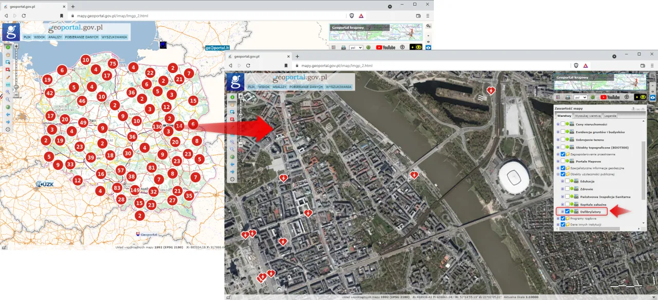 Defibrylator AED z elektrodami na manekinie