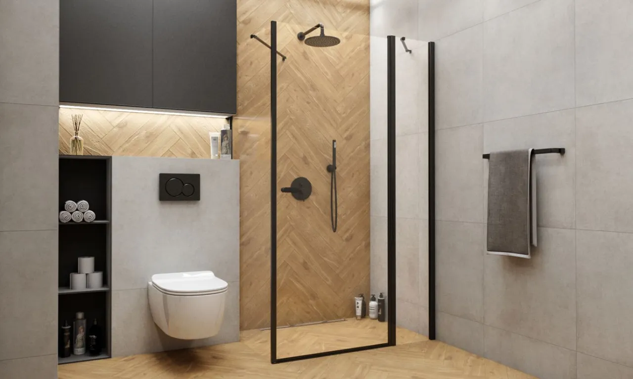 Nowoczesna szara łazienka z dodatkami