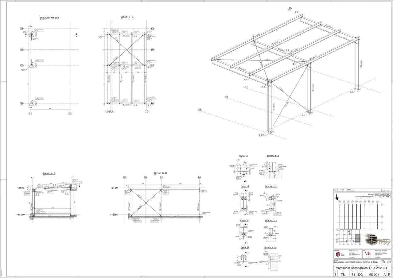 Jak czytać rysunek techniczny konstrukcji stalowych: przekr&oacute;j, widok z g&oacute;ry i detale połączeń stalowych.