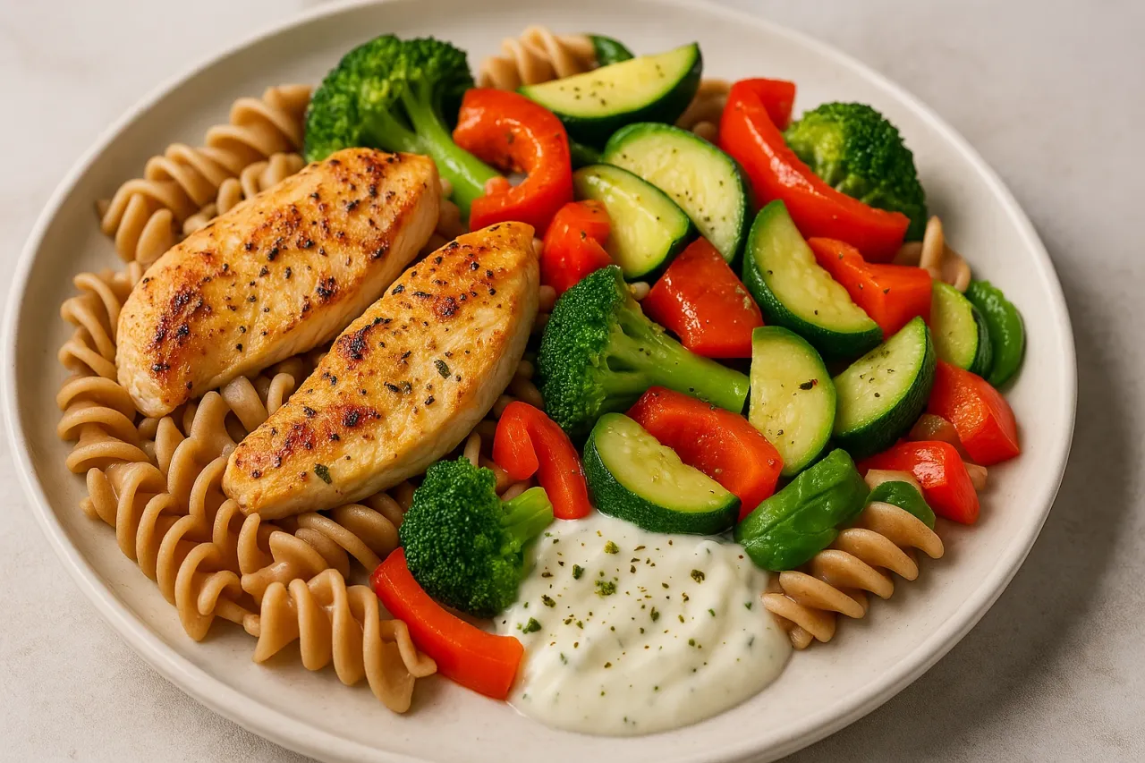 Pełnoziarnisty makaron z grillowanym kurczakiem i kolorowymi warzywami. Czy makaron jest zdrowy? Ten talerz sugeruje, że tak!