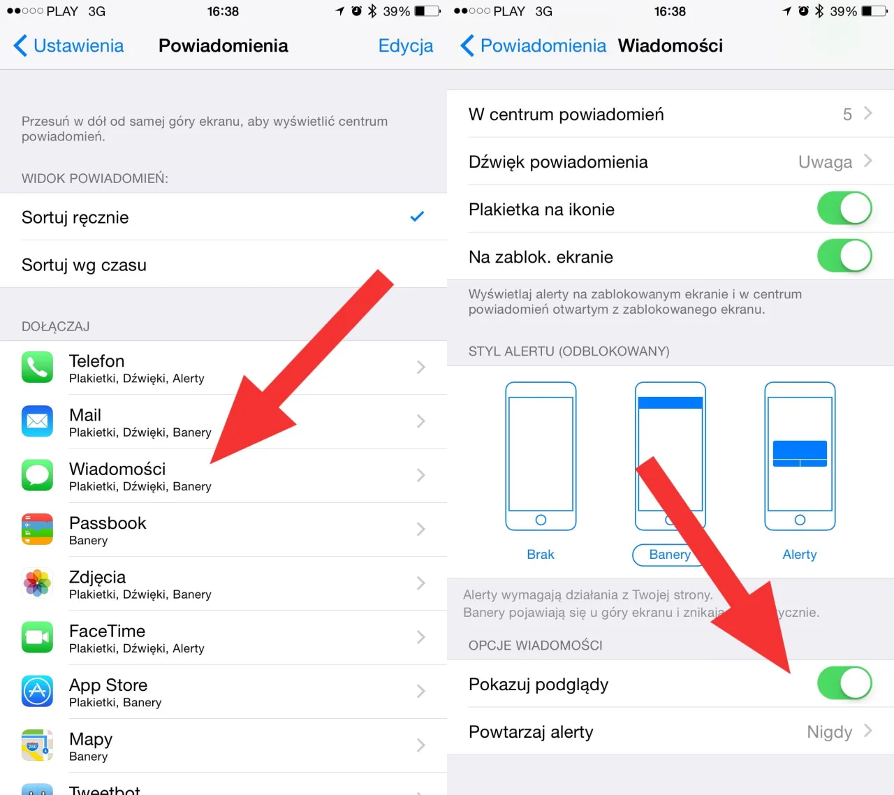 iPhone ustawienia powiadomień wiadomości podgląd