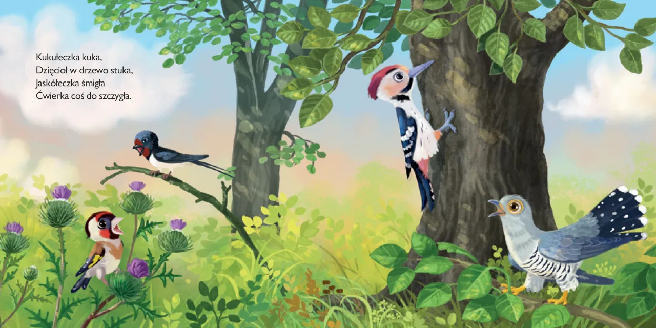 Ptasi koncert w lesie: kukułka, dzięcioł, jask&oacute;łka i szczygieł tworzą wesołe ptasie radio wiersz.