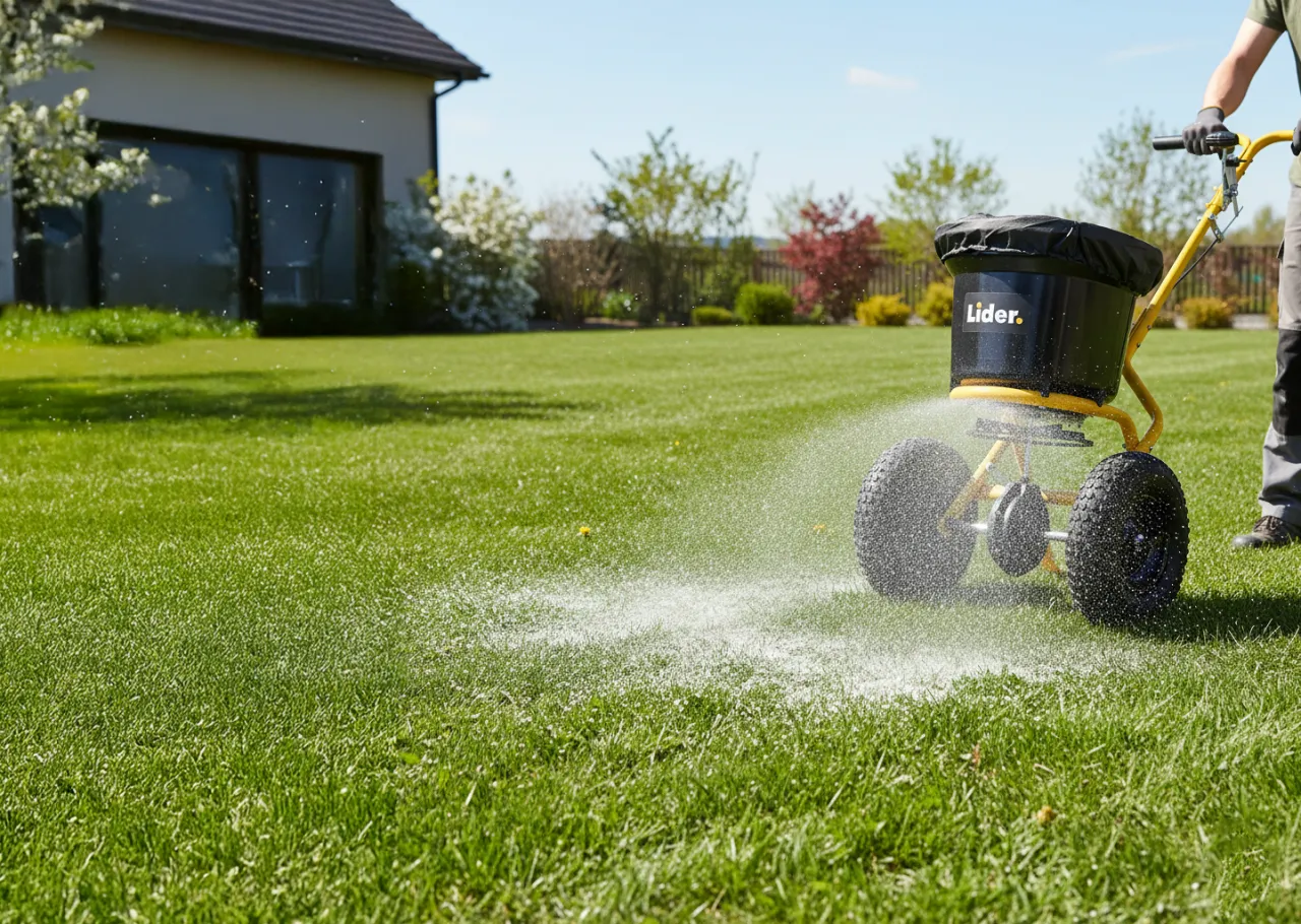 Rozsiewacz rozsypuje naw&oacute;z na trawnik. Zastanawiasz się, ile wapna na trawnik będzie odpowiednie? Ten sprzęt pomoże Ci r&oacute;wnomiernie rozprowadzić potrzebne składniki.