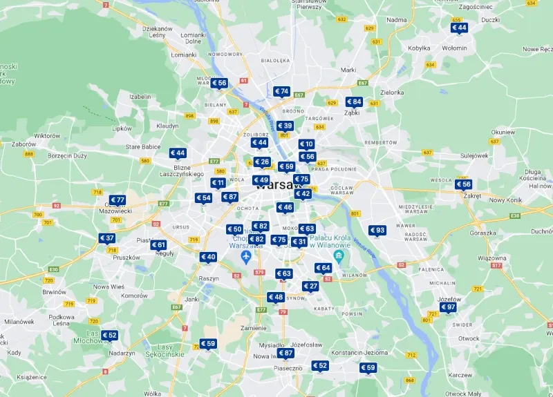 Mapa Warszawy z zaznaczonymi strefami cenowymi noclegów