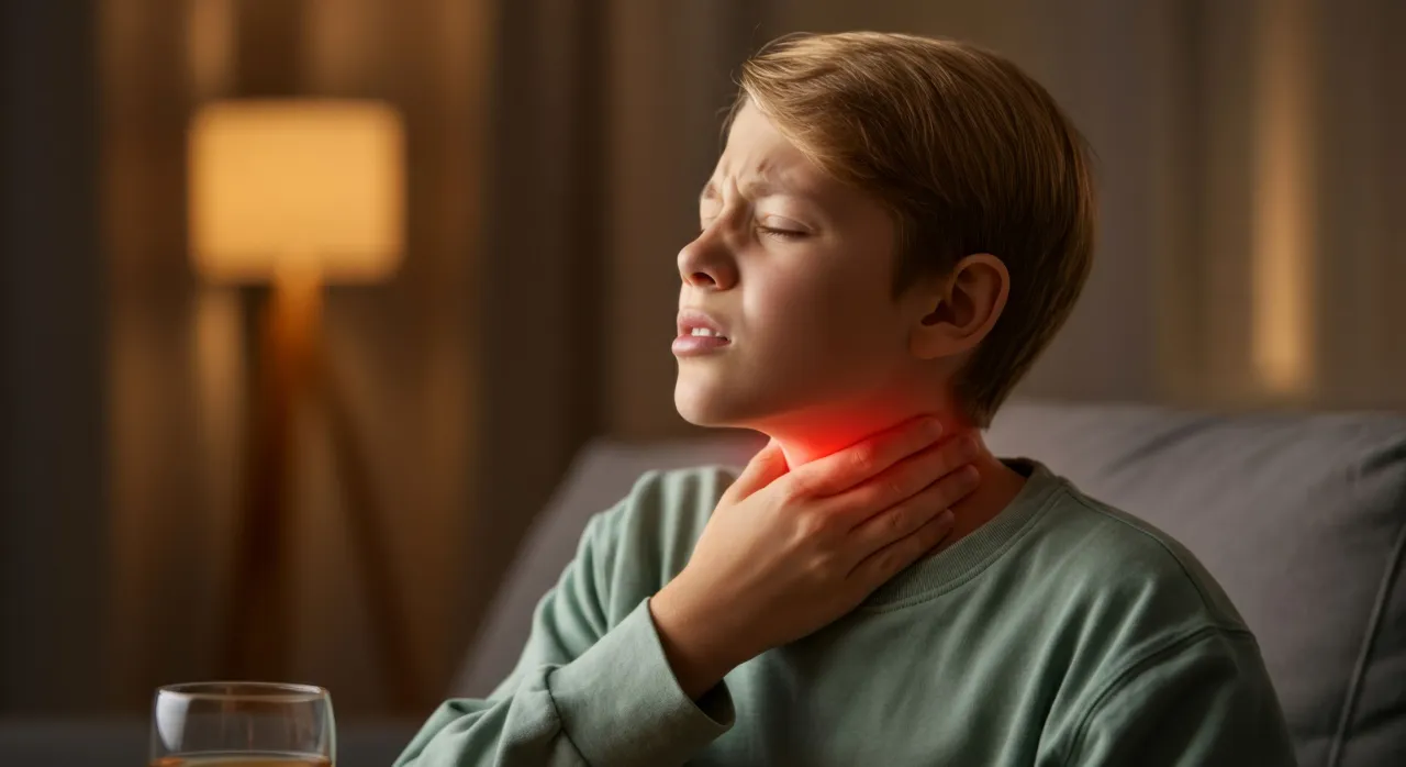 osoba z bólem gardła i objawami