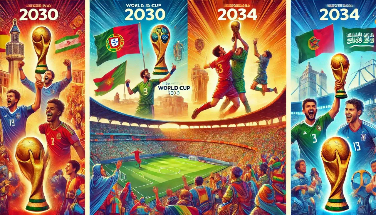 Mistrzostwa świata w piłce nożnej odbywają się co cztery lata. Obraz przedstawia radość z wygranej na mundialach w 2030 i 2034 roku.