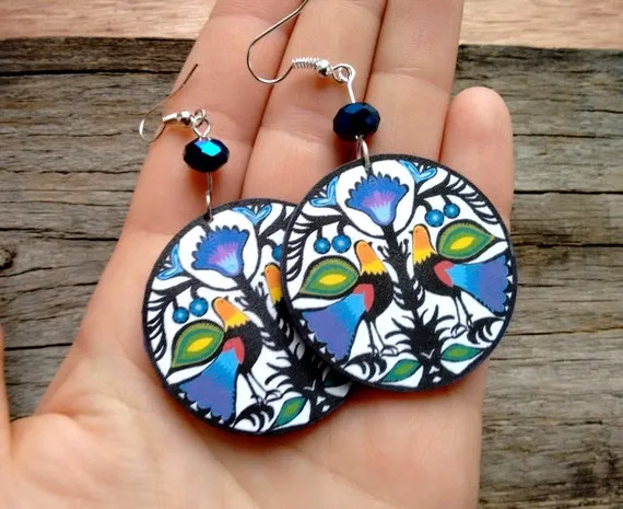 kolczyki decoupage efekt szkła, kolczyki decoupage folkowe, kolczyki decoupage nowoczesne