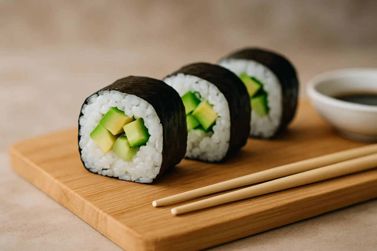 Rolki sushi z awokado na desce, pałeczki i sos sojowy. Czy dzieci mogą jeść sushi? Tak, jeśli jest przygotowane z łagodnych składników, jak te.