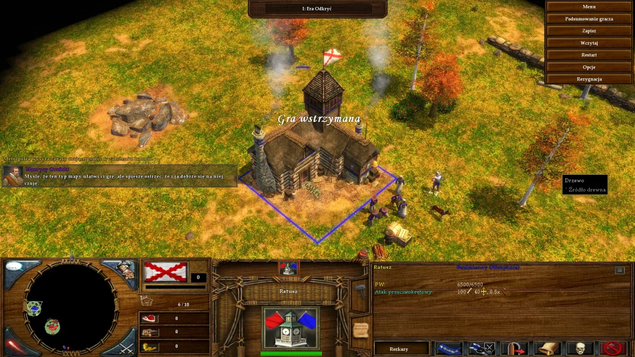 Gra wstrzymana w Age of Empires 3. Widok na drewniany budynek z flagą, otoczony polami i drzewami.