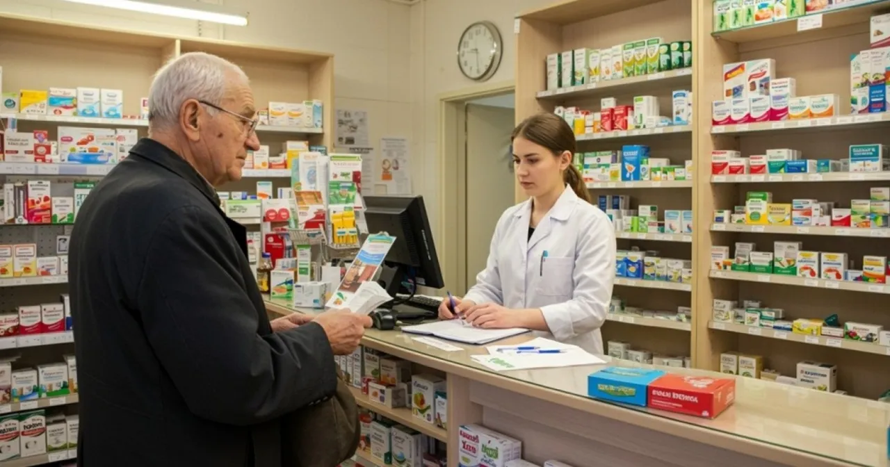 Starszy pan pyta farmaceutkę, czy leki dla seniorów są za darmo. W aptece pełnej leków.