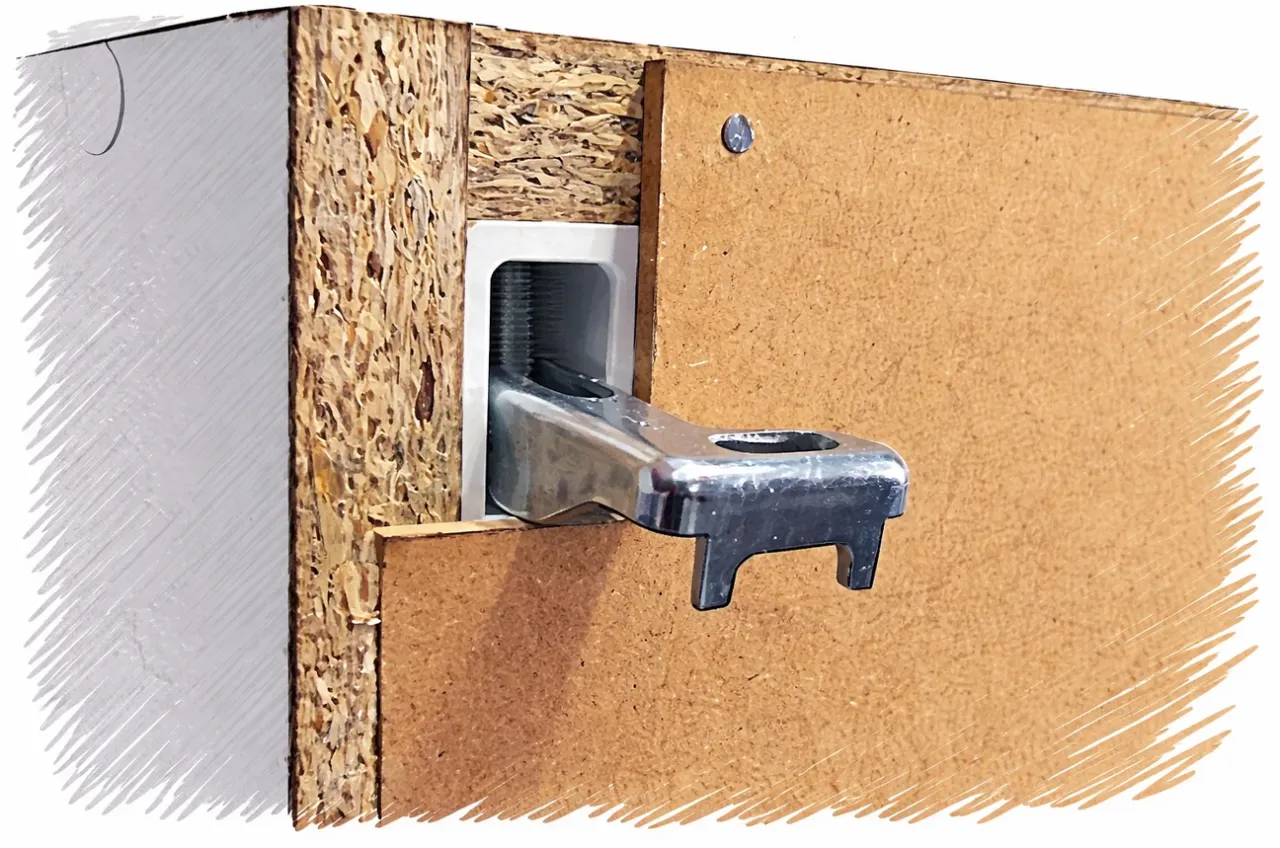 Metalowy wspornik do szafek kuchennych, pokazujący, jak powiesić szafki kuchenne na hakach.