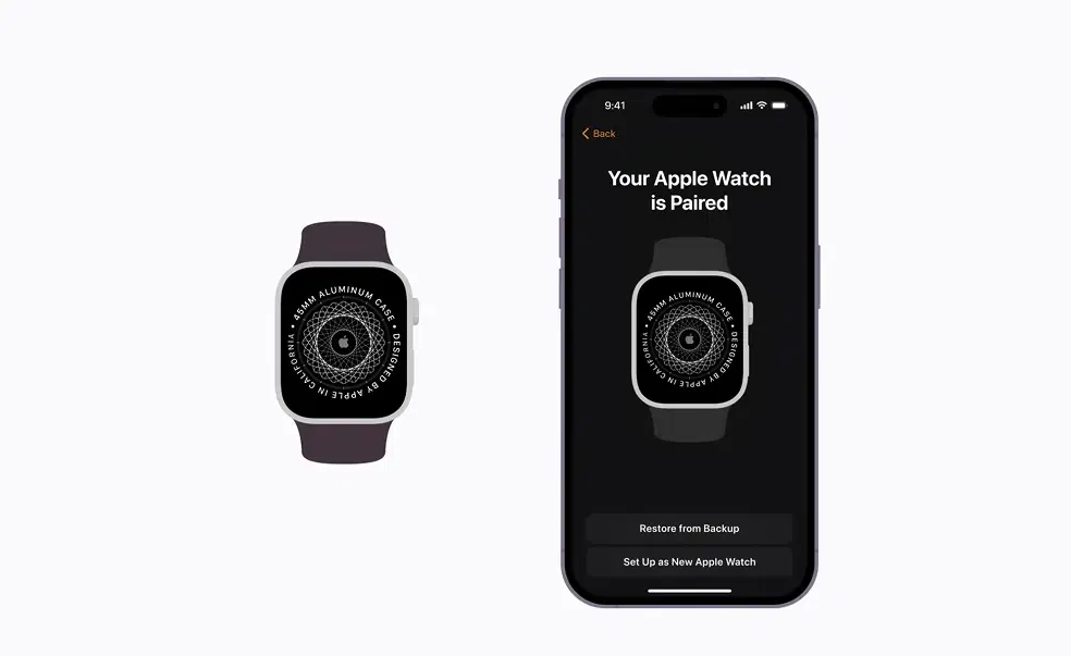 Apple Watch first pairing screen, iPhone scanning animation