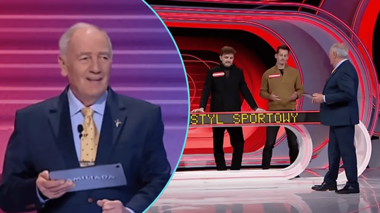 Prowadzący Familiady pyta, co m&oacute;wimy, gdy czegoś nie usłyszymy. Na ekranie widać uczestnik&oacute;w i napis 