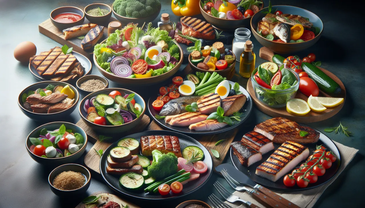 Grillowane ryby, mięso i świeże warzywa na talerzach. Zdrowe, zero kaloryczne posiłki pełne smaku i kolorów.