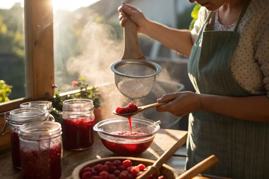 Przecieranie malin przez sito do dżemu