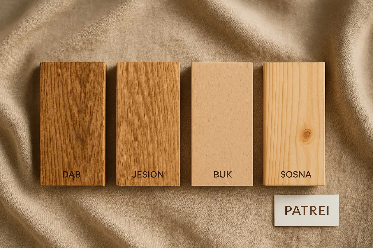 Próbki drewna: dąb, jesion, buk, sosna. Jak wybrać drewno na meble? Zobacz różnice w usłojeniu i kolorze.