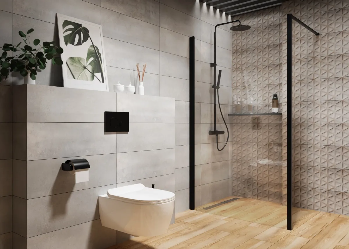 Szara łazienka z drewnianymi szafkami inspiracje