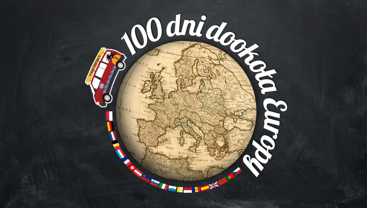 Autobus wyrusza w podr&oacute;ż po najpiękniejsze drogi w Europie, otoczony mapą kontynentu i flagami państw.