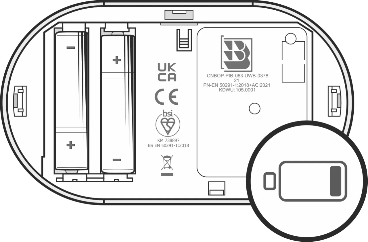 Wymiana baterii w czujniku czadu: sprawdź w instrukcji, co ile wymieniać baterie. Widoczne dwie baterie AA.
