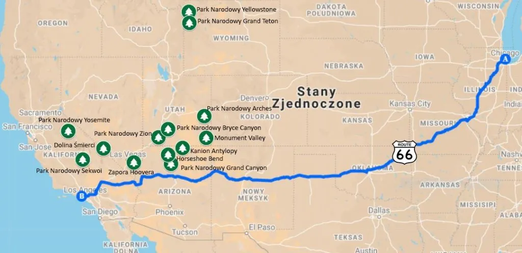 Różnorodność krajobrazów USA z oznaczeniem miast i parków narodowych
