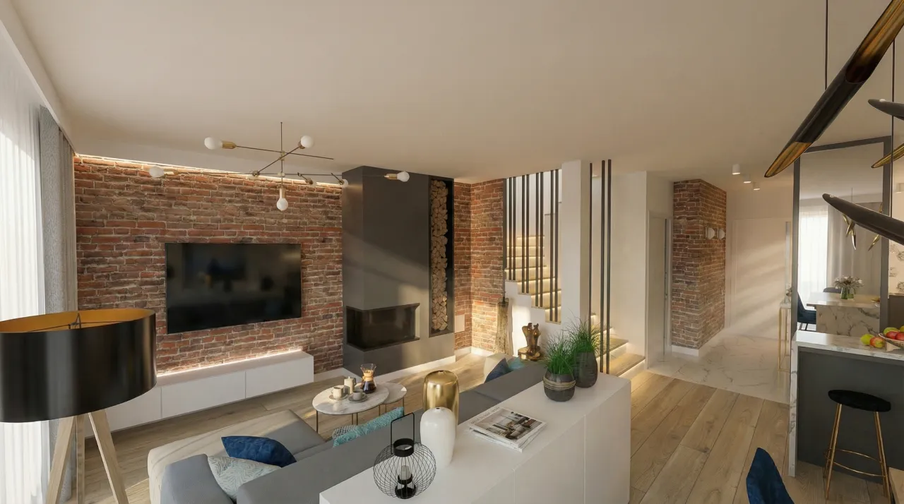 Nowoczesny salon z ceglaną ścianą i kominkiem. Inspiracja, jak ozdobić komin w pokoju, dodając mu stylu i ciepła.