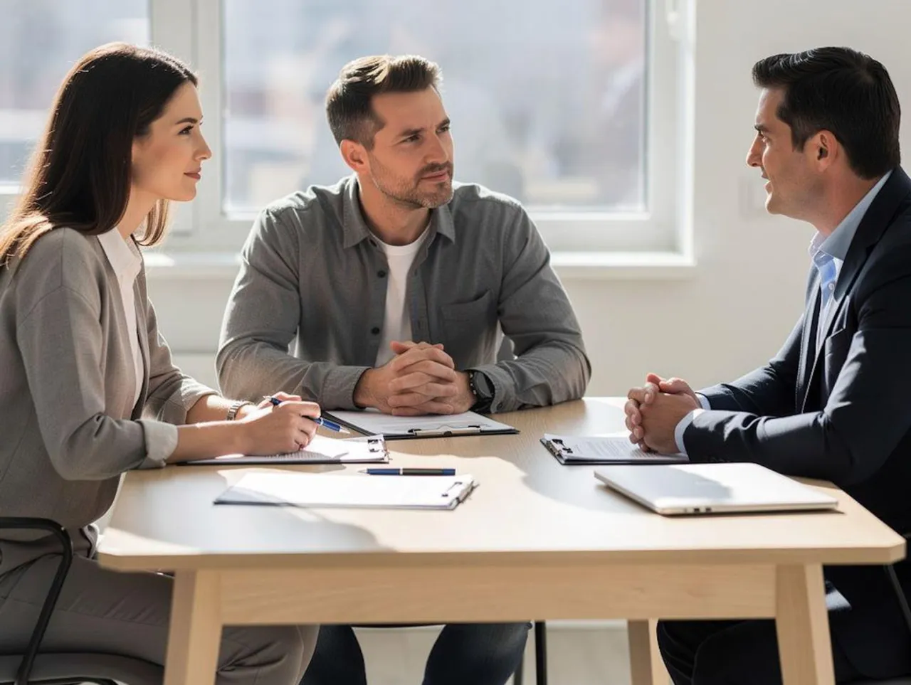 Para rozprawia o alimenty co mówić. Prawnik doradza parze przy stole, omawiając dokumenty.