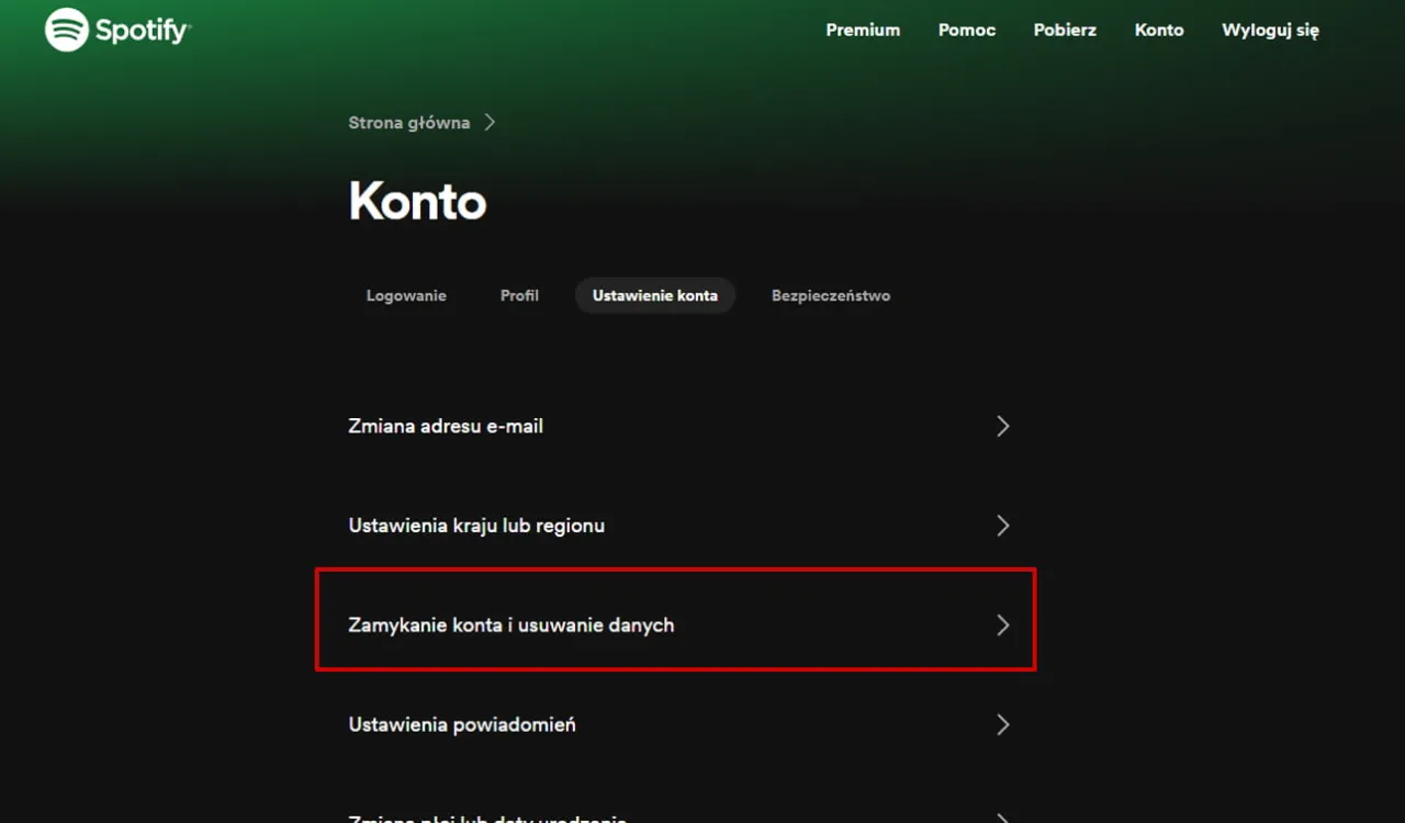 spotify strona usuwania konta