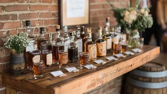 r&oacute;żne butelki whisky na tle weselnym