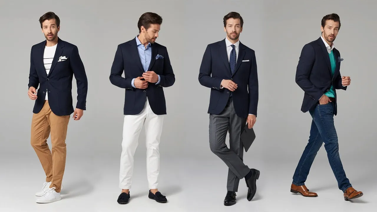 brązowe buty do granatowej marynarki szare spodnie, koszula do granatowej marynarki wesele