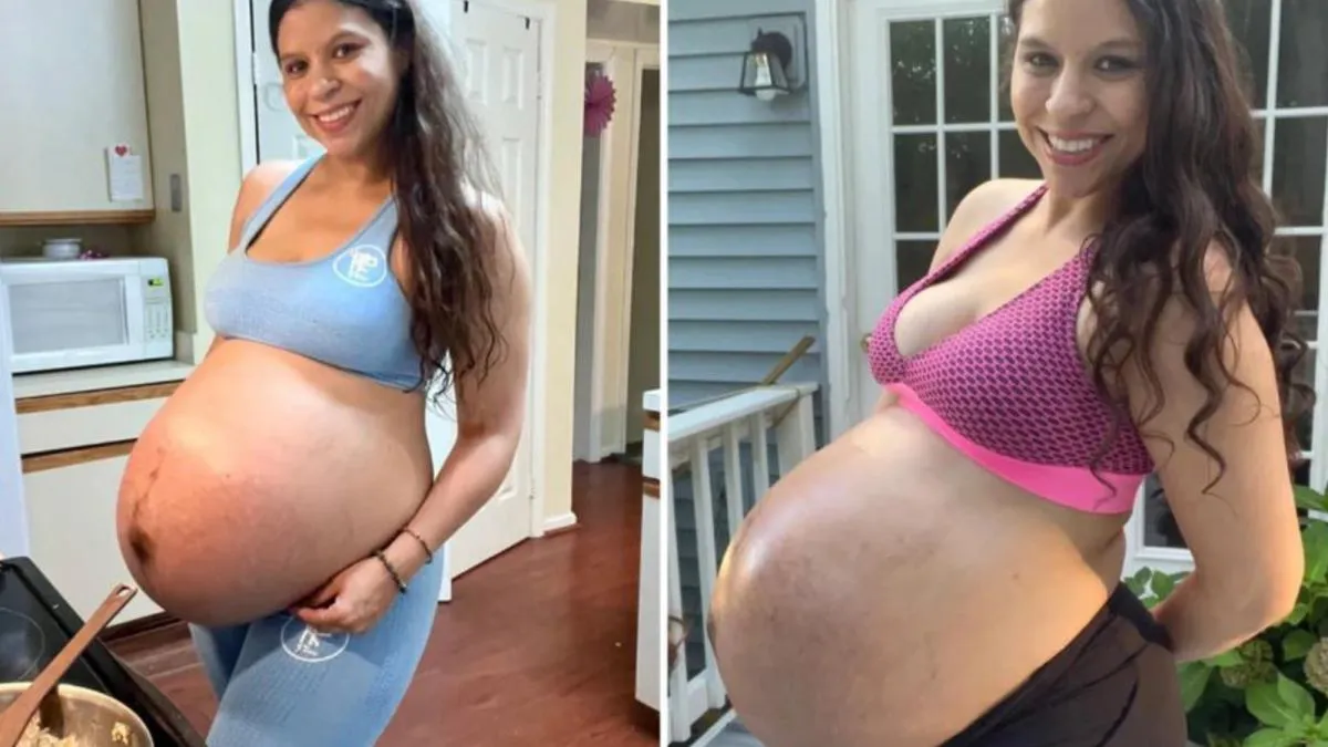 kobieta w ciąży na p&oacute;źnym etapie, kobieta w ciąży dotyka brzucha z troską