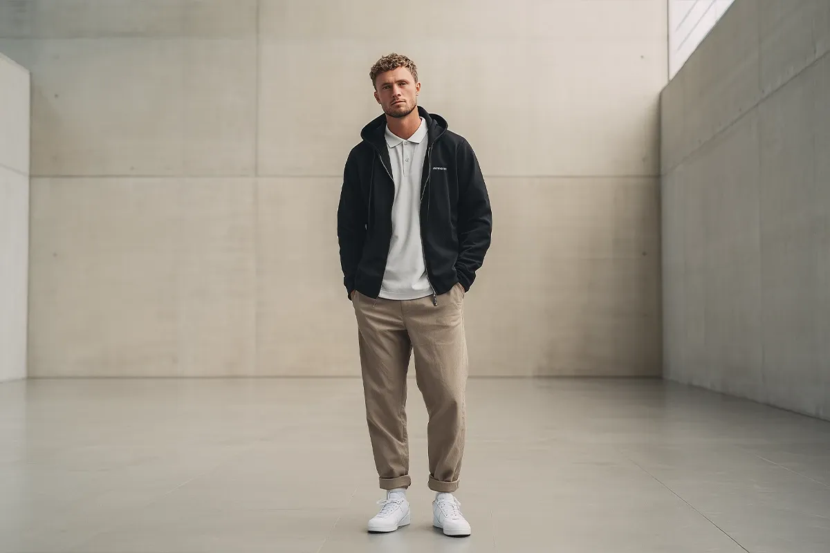 mężczyzna w bluzie crewneck i koszulce polo