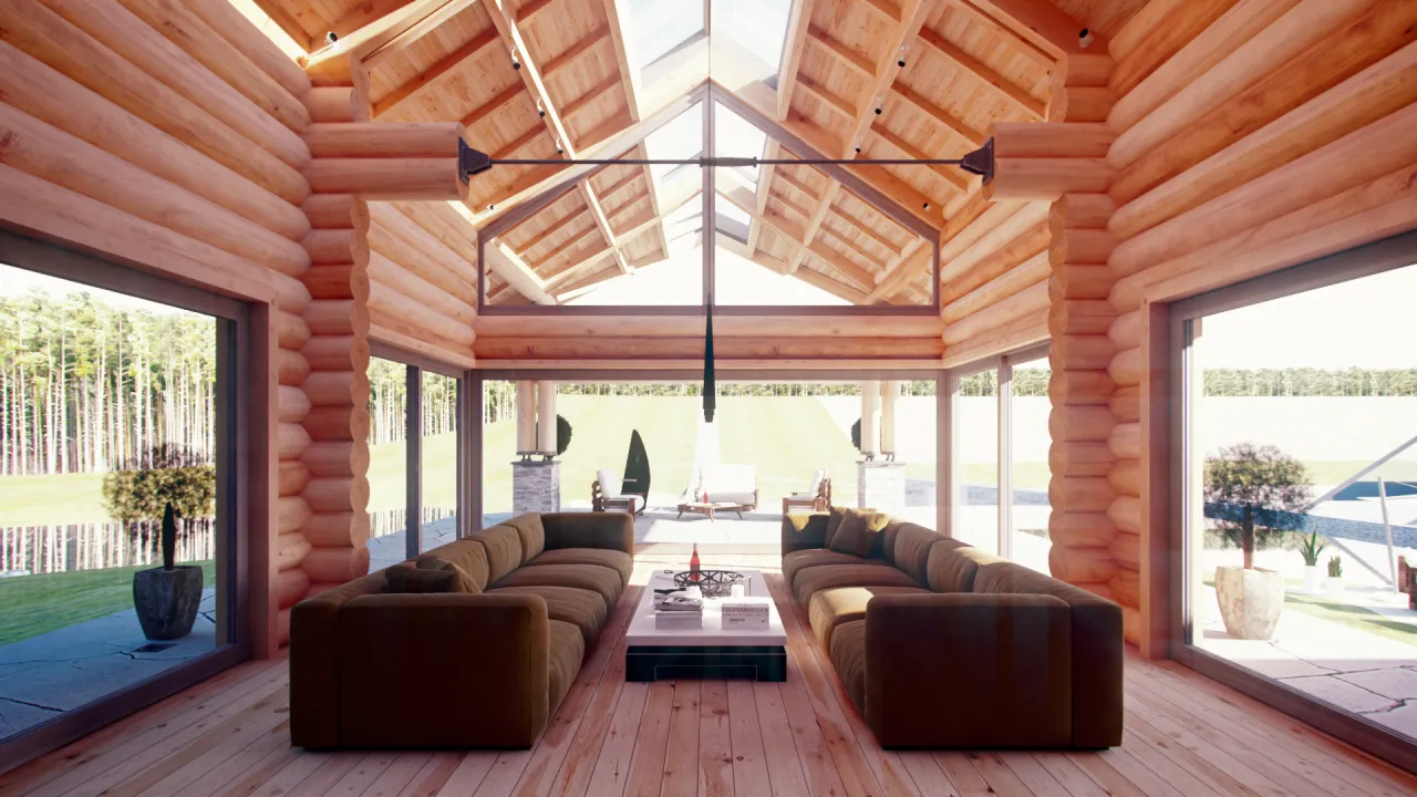 Nowoczesny dom z bali z dużymi przeszkleniami