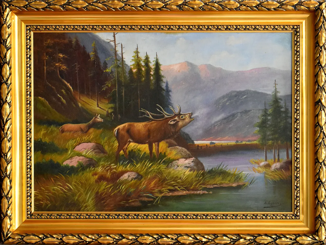 klassisches Gem&auml;lde r&ouml;hrender Hirsch 19. Jahrhundert