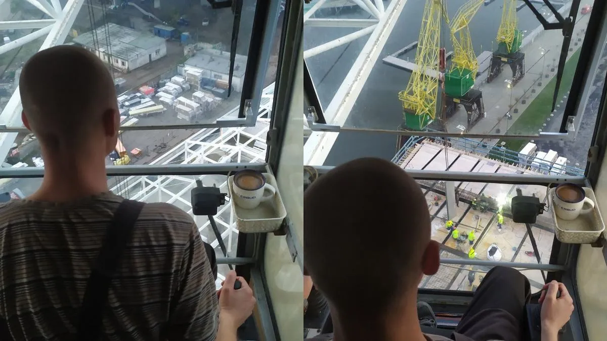 operator dźwigu w kabinie, budowa, widok z góry