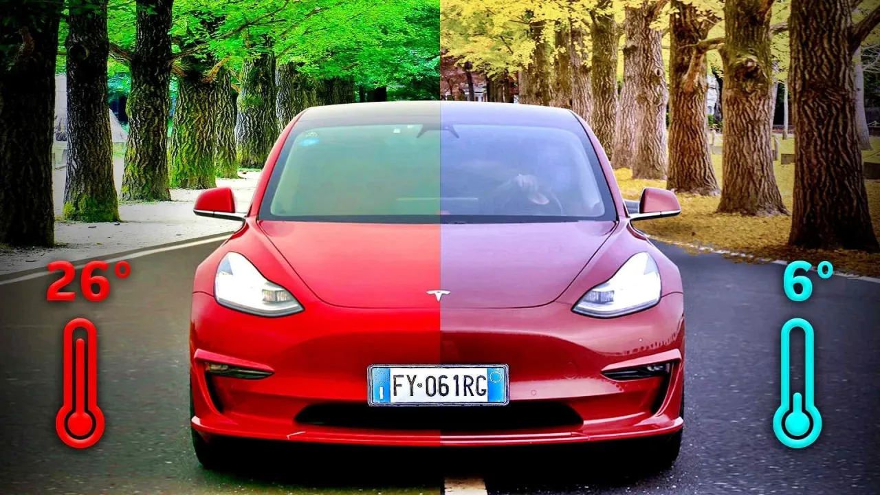 Czerwony Tesla na tle drzew. Po lewej 26°C i zielone liście, po prawej 6°C i żółte. Czy to wpływa na to, ile Tesla ma zasięgu?