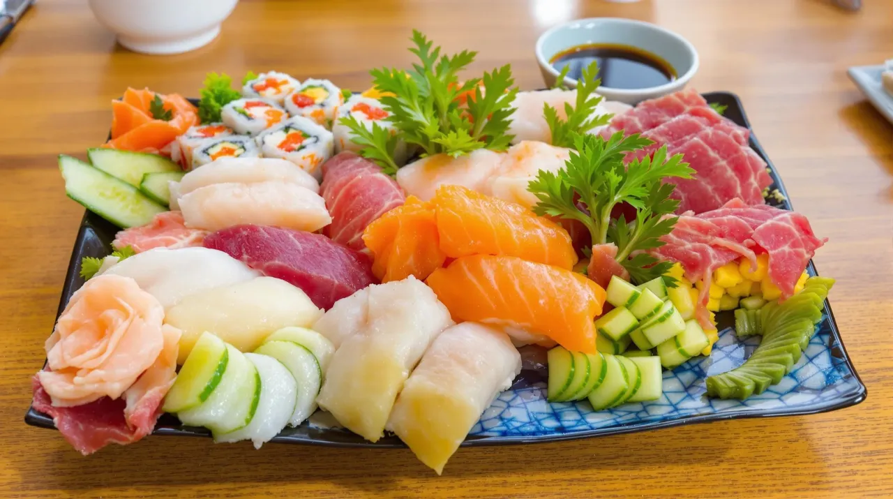 Talerz pełen sushi i sashimi: kawałki łososia, tuńczyka, ryby maślanej, rolki z łososiem i awokado, og&oacute;rek, imbir.