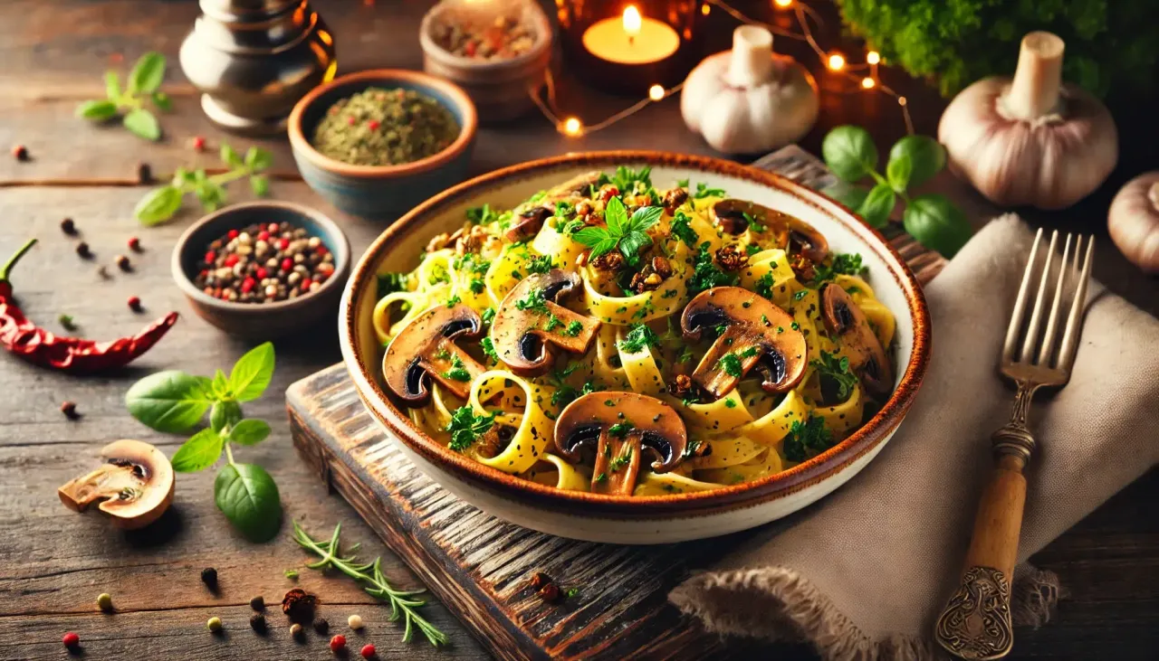 Pyszny makaron z grzybami i ziołami, idealny na niedzielny obiad. Obok przyprawy, czosnek i suszone chili.