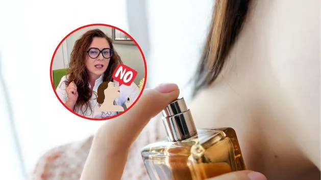 kobieta aplikująca perfumy na szyję w elegancki spos&oacute;b