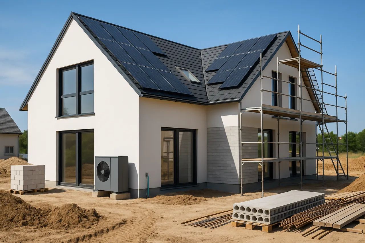 Nowoczesne technologie w budownictwie: dom z panelami słonecznymi, pompą ciepła i rusztowaniami.