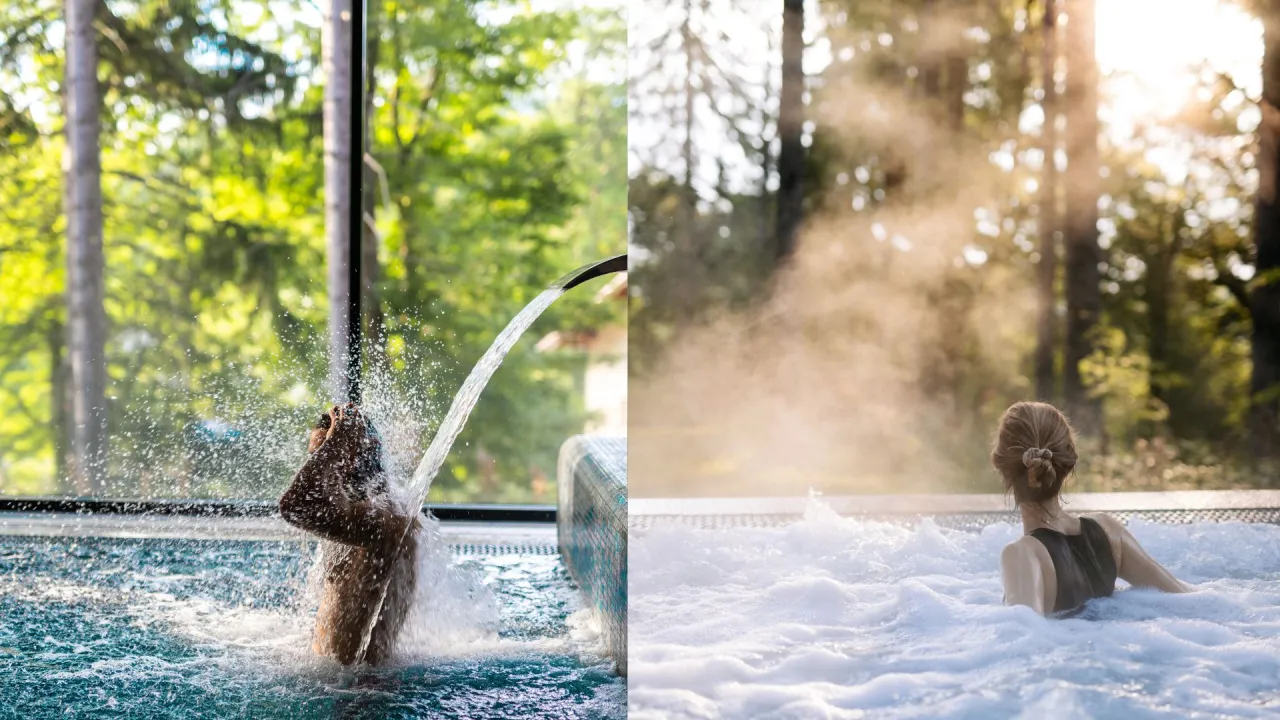 Relaks w jacuzzi z wodospadem i bąbelkami. Idealne tanie spa dla dwojga w otoczeniu natury.