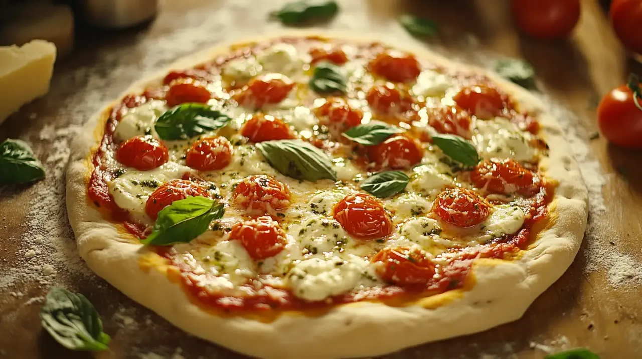 Pyszne ciasto drożdżowe do pizzy, ozdobione pomidorkami koktajlowymi, mozzarellą i bazylią.